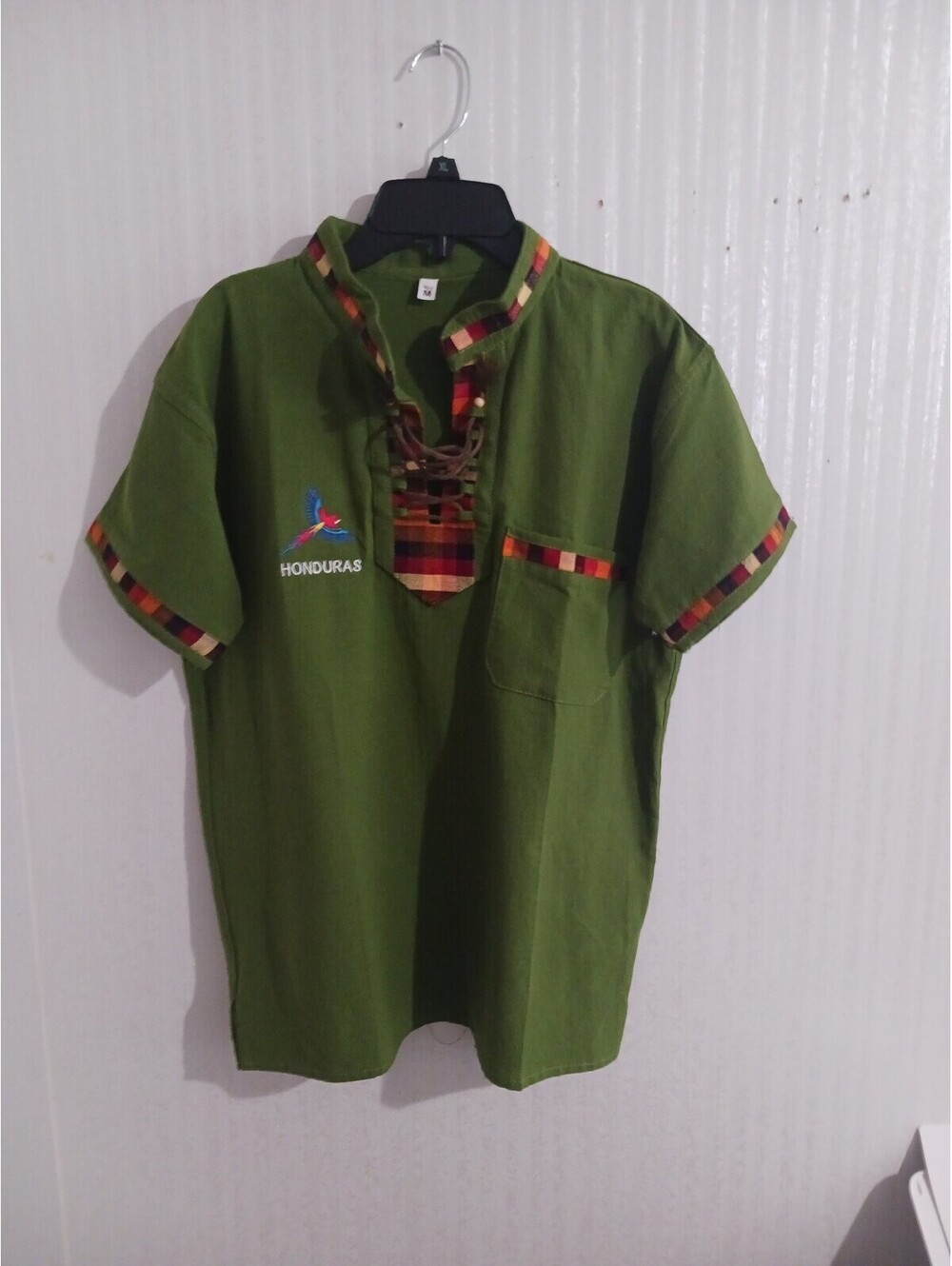 Guatemala Tunic Mens Shirt Green  Cotton  Boho Handwoven Trim Artsy Medium